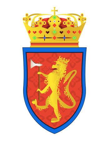 Coat of arms. Crowned Lion with Axe and Crown. Classic royal emblem. Badge shield. Colorful vector illustration isolated on white background.のイラスト素材