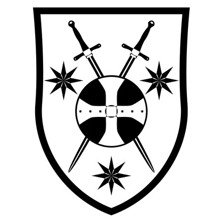 Heraldic shield cross Swords crest. Medieval coat of arms and knight emblems. Outline vector illustration isolated on white background.のイラスト素材
