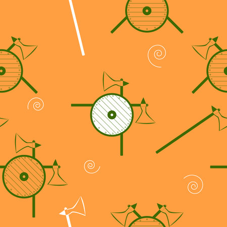 Battle axe and medieval shield. Seamless pattern. Weapon texture. Vikings ornament. Printable design. Wallpaper element. Random square pattern.のイラスト素材