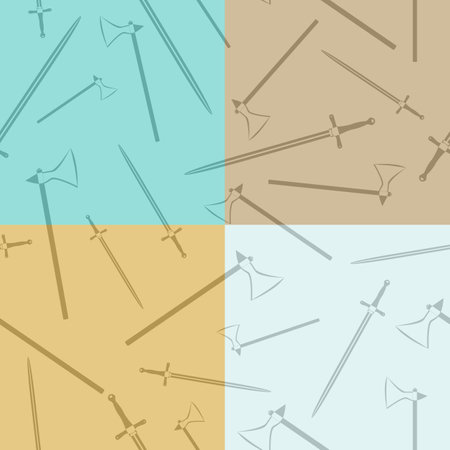 Battle axe and medieval sword. Seamless pattern. Weapon texture. Vikings ornament. Printable design. Wallpaper element. Random square pattern.のイラスト素材