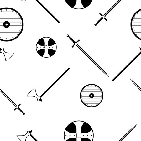 Medieval axe, sword and shield. Seamless pattern. Weapon texture. Vikings ornament. Printable design. Wallpaper element. Random square pattern.のイラスト素材