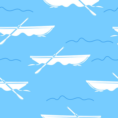 Boat and oars crossed in outline style. Seamless pattern. Sea texture. Printable design. Wallpaper element. Random square pattern.のイラスト素材
