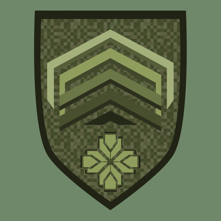 Green military ranks shoulder badge. Army soldier chevron. Uniform sign with green star. Colorful vector illustration isolated on white background.のイラスト素材