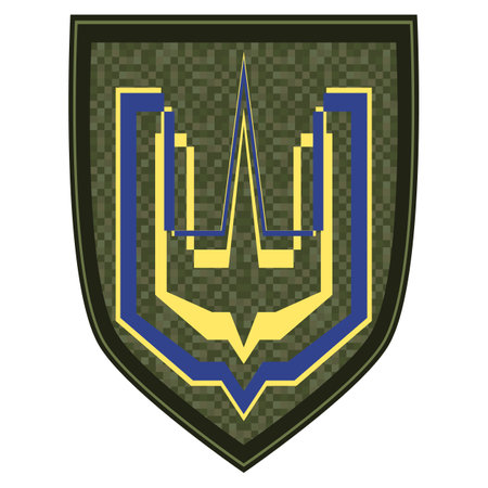 Uniform sign with golden trident. Green military ranks shoulder badge. Army soldier chevron. Colorful vector illustration isolated on white background.のイラスト素材