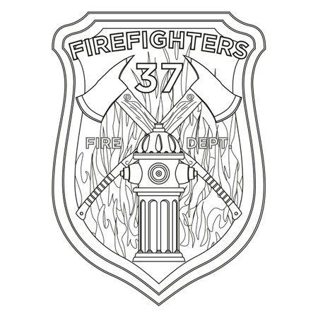 Firefighter Badge coloring page. Firefighter axes and hydrant on shield insignia. Colorful vector illustration on a white background.のイラスト素材