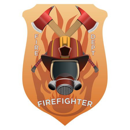 Firefighter insignia. Firefighter mask, helmet and axes behind on shield badge. Colorful vector illustration on a white background.のイラスト素材
