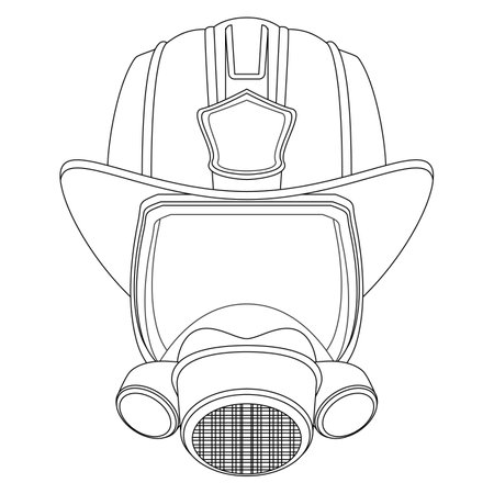 Firefighter Coloring page. Mask and Helmet. Head of a firefighter. Colorful vector illustration on a white background.のイラスト素材