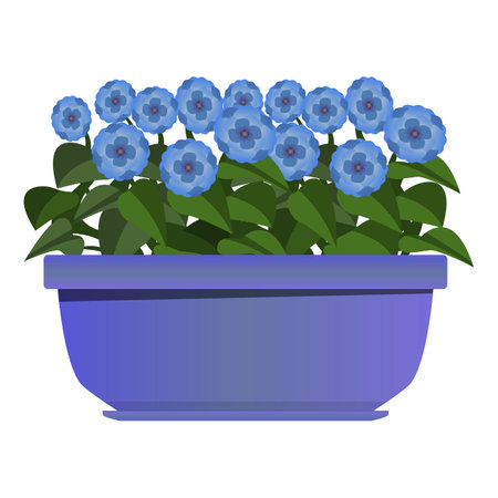 Long purple pot of blue flowers in realistic style. Flower bed for the window. Colorful vector illustration isolated on white background.のイラスト素材