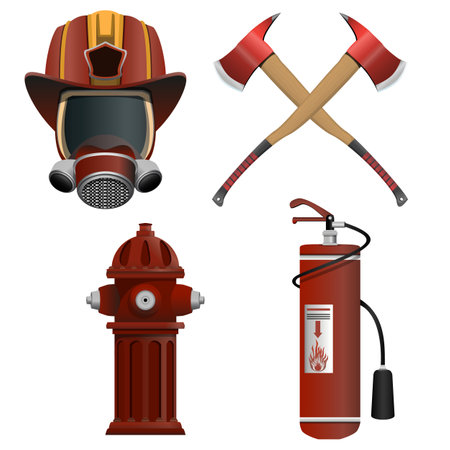 Rescue firefighters equipment SET in realistic style. Detailed colorful vector illustration on a white background.のイラスト素材