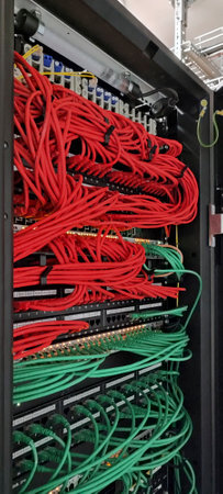 network cables connected to switchboard in data center room, technology background