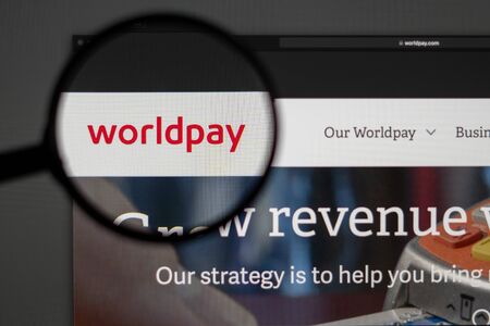 Miami / USA - 04.28.2019: Worldpay company website homepage. Close up of Worldpay logo. Can be used as a website for websites, good for info, business or marketing concept.のeditorial素材