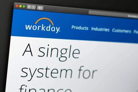 Miami / USA - 04.28.2019: Workday company website homepage. Close up of Workday logo. Can be used as a website for websites, good for info, business or marketing concept.のeditorial素材