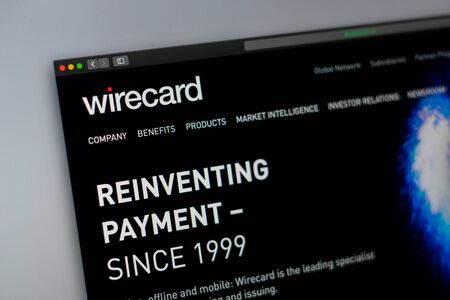 Miami / USA - 04.28.2019: Wirecard company website homepage. Close up of Wirecard logo. Can be used as a website for websites, good for info, business or marketing concept.のeditorial素材