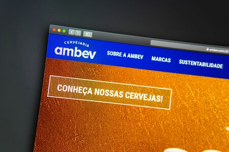 Miami / USA - 07.18.2019: Ambev company website homepage. Close up of Ambev logo. Can be used as illustrative for news media or other websites, good for business or marketing concept.のeditorial素材