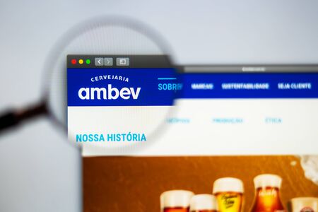 Miami / USA - 07.18.2019: Ambev company website homepage. Close up of Ambev logo. Can be used as illustrative for news media or other websites, good for business or marketing concept.のeditorial素材