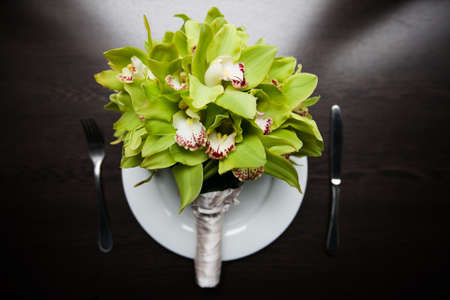 Wedding bridal bouquet on the plateの写真素材