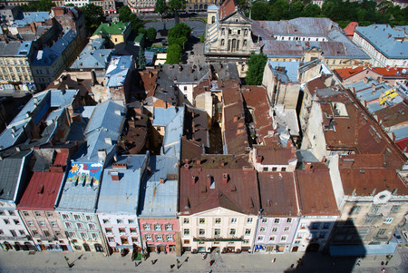 Lvov city view from height with buildings and people during the dayの写真素材