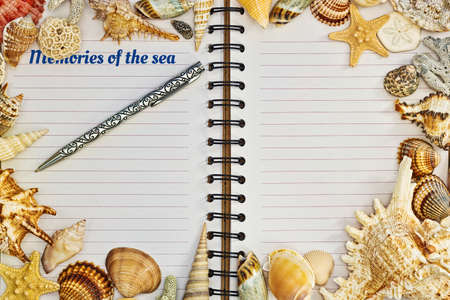 Opened blank notebook with tagline and a pen framed with colored shells and conches