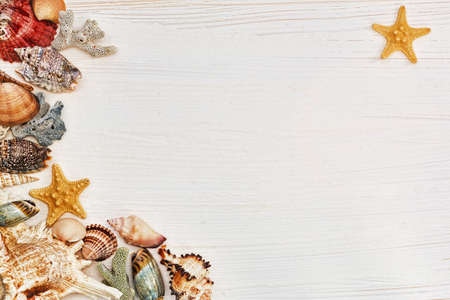 Rude painted wooden desk with different shells and starfish in top viewの写真素材