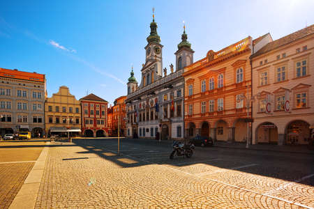 CESKE BUDEJOVICE, CZECH REPUBLIC - JULY 05, 2016: Central town square with town hall building and...