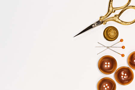 Hand sewing hobby instruments in retro style isolated on white backdropのeditorial素材