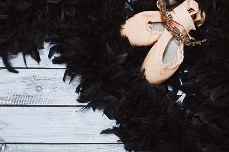 Black boa made of feathers, classic ballet shoes and crown with rhinestones - black swan or other ballet role outfit. Behind the theater scenes concept. Top view, place for text.の写真素材