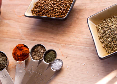 Measuring spoons with herbs and spices