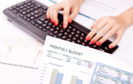 Keyboard on office desk used by a businesswoman.の写真素材