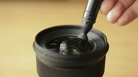 Beginning photographer or video cameraman is carefully cleaning the front glass of the lens with a professional cleaning pen for optics. Closeup shot.の写真素材