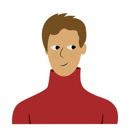 Cheerful young adult student man in red sweater and short hair, caucasian ethnicity casual...