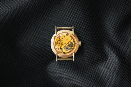 Watch mechanism, clockwork with jewels, close-up. Vintage luxury watchmakers craftmanship....