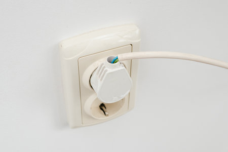 Damaged insulation of the power cable in the socket of a home boiler against a white wall. The...