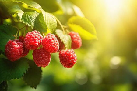 Close-up view of a ripe red raspberries on a branch on a blurred background.の素材