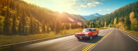 A vintage red sports car drives along the highway in the middle of mountains and forests.の素材