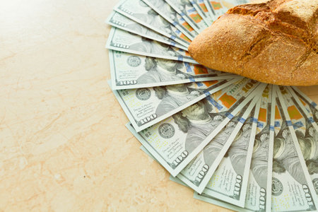 Bread on a fan of banknotes, 100 dollar bills, copyspace. Wealth, success, prosperity or global food...