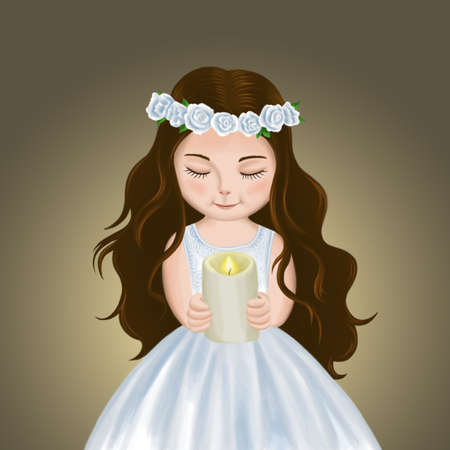 A girl with a wreath on her head holds a candle in her handsの写真素材