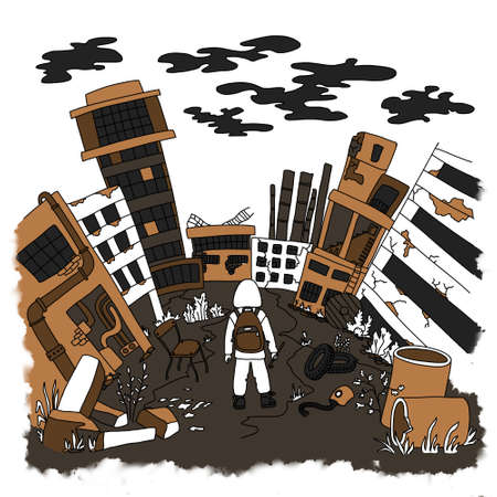 a man in an abandoned cityの写真素材