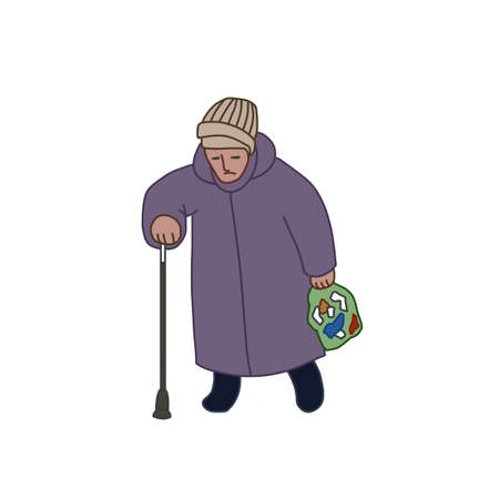 drawing of an old woman with a caneの写真素材
