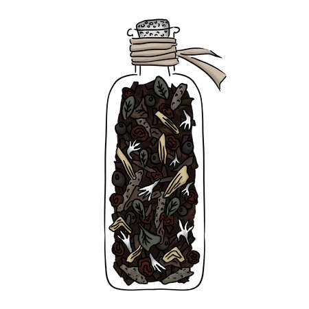 dry tea made from various herbs and berries inside a transparent bottleの写真素材