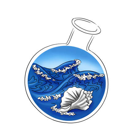 blue sea with big waves with a white shell inside a transparent bottleの写真素材