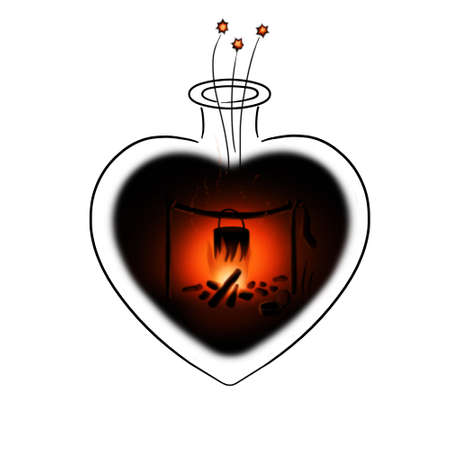 a pot of food hangs over the night fire, next to open canned foodの写真素材