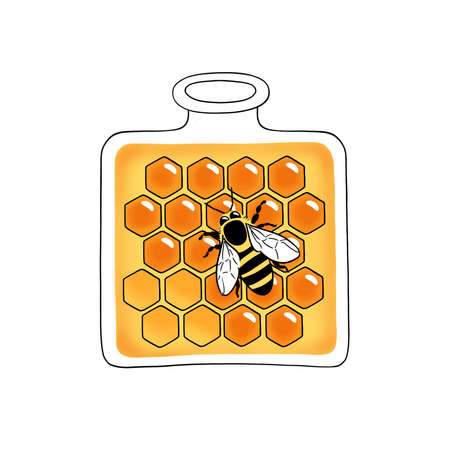 a bee crawls on a honeycomb with honey inside a transparent bottleの写真素材