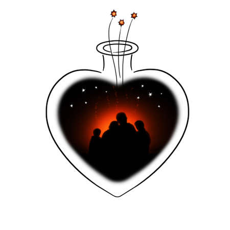 a family with children sits around a campfire at night under the starry skyの写真素材