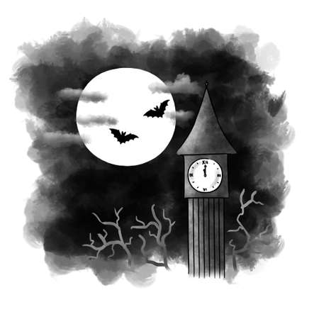 clock tower at night on the background of the moonの写真素材