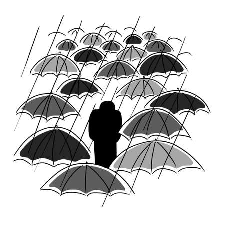 the figure of a man walks between umbrellas in the rainの写真素材