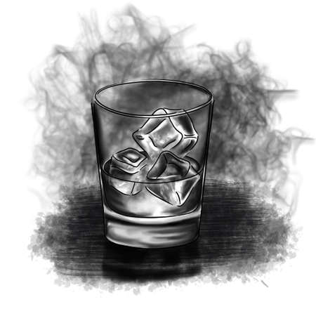 a glass of whiskey and ice cubesの写真素材