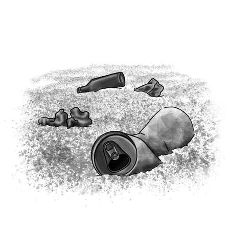 empty cans and garbage are lying on the beachの写真素材