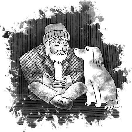 a homeless man is sitting on the street and eating from a plate next to a dogの写真素材