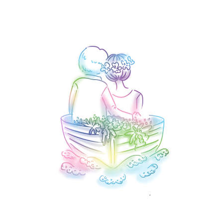 a couple of lovers are sitting in a boat with flowersの写真素材