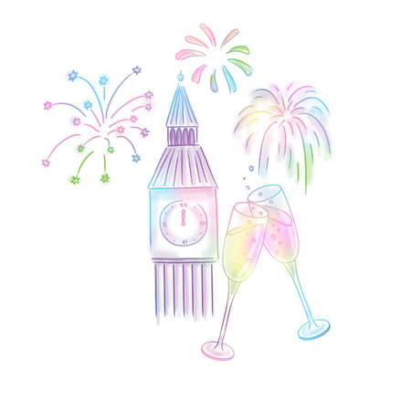 glasses of champagne on the background of fireworks in the new yearの写真素材